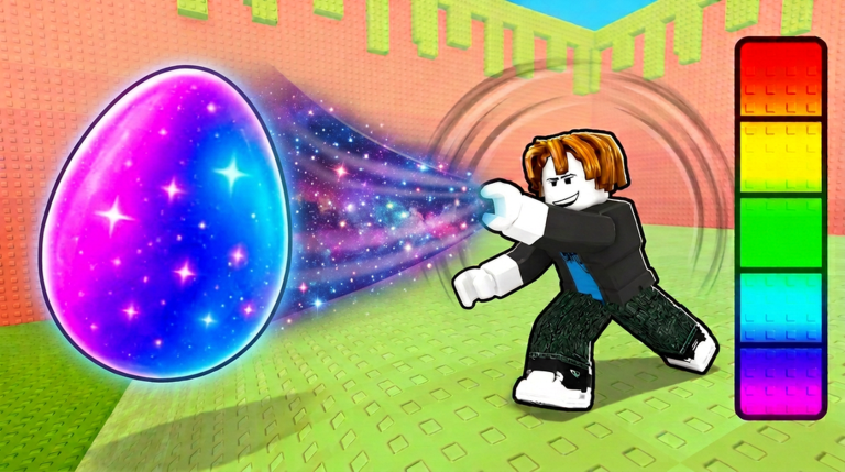 A Roblox player throwing a glowing galaxy egg in Throw An Egg, with a rainbow power meter showing throw power.