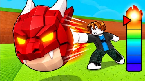 A Throw An Egg character exercising with a giant red weight, with a colored power bar beside them